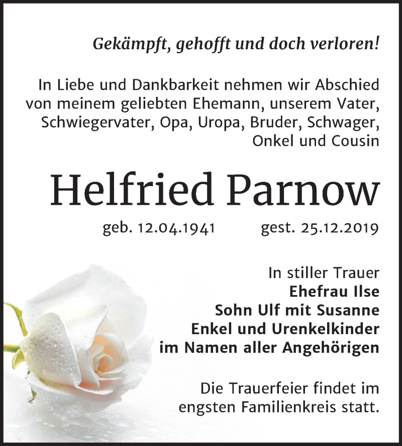  Traueranzeige für Helfried Parnow vom 04.01.2020 aus Super Sonntag Bernburg