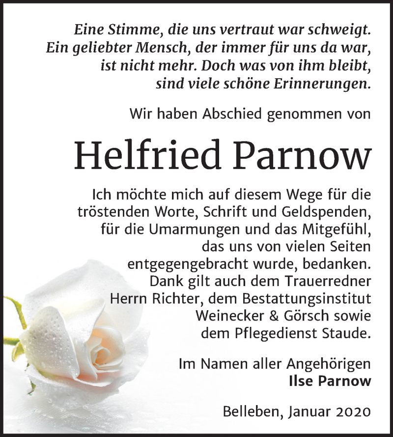  Traueranzeige für Helfried Parnow vom 25.01.2020 aus Super Sonntag Bernburg