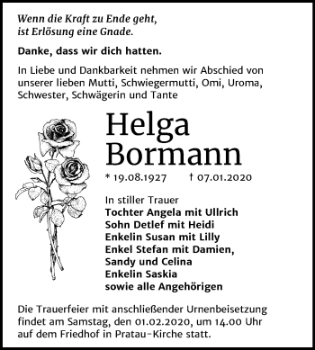 Traueranzeige von Helga Bormann von Super Sonntag Wittenberg