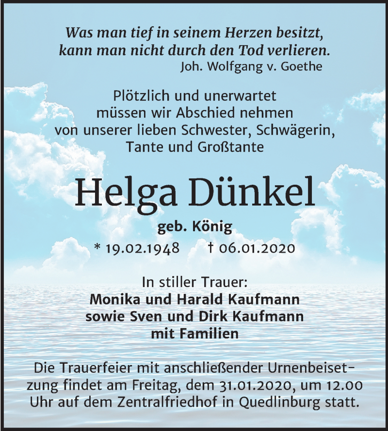  Traueranzeige für Helga Dünkel vom 18.01.2020 aus Super Sonntag Quedlinburg