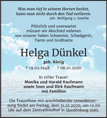Traueranzeige von Helga Dünkel von Mitteldeutsche Zeitung Quedlinburg