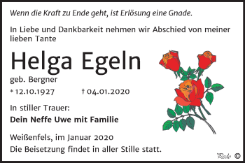 Traueranzeige von Helga Egeln von Mitteldeutsche Zeitung Weißenfels