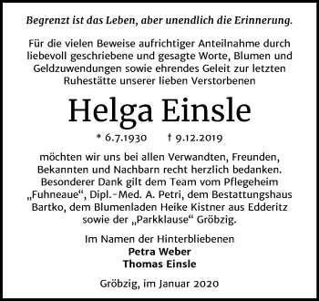 Traueranzeige von Helga Einsle von Super Sonntag Köthen