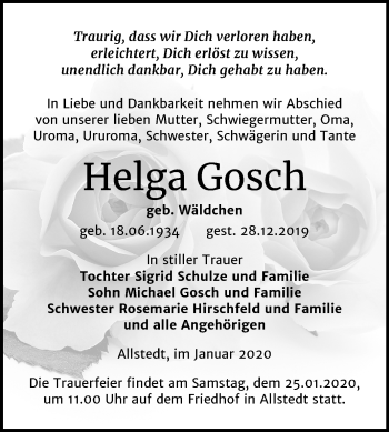 Traueranzeige von Helga Gosch von Super Sonntag Sangerhausen