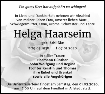 Traueranzeige von Helga Haarseim von Mitteldeutsche Zeitung Sangerhausen