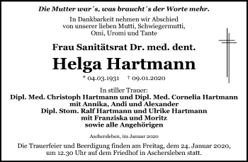 Traueranzeige von Helga Hartmann von Mitteldeutsche Zeitung Aschersleben