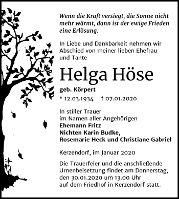 Traueranzeige von Helga Höse von Mitteldeutsche Zeitung Wittenberg