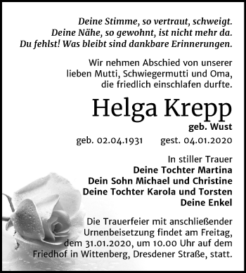 Traueranzeige von Helga Krepp von Super Sonntag Wittenberg