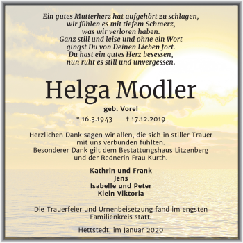 Traueranzeige von Helga Modler von Super Sonntag Mansfelder Land