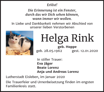 Traueranzeige von Helga Rink von Super Sonntag Mansfelder Land