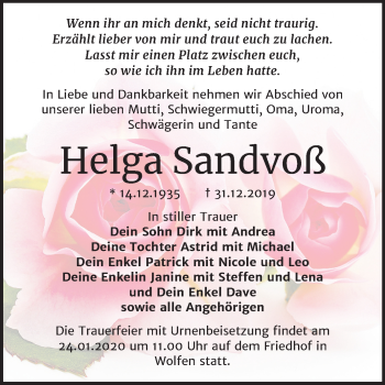 Traueranzeige von Helga Sandvoß von Wochenspiegel Bitterfeld