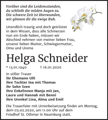 Traueranzeige von Helga Schneider von Wochenspiegel Naumburg/Nebra