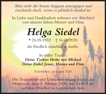 Traueranzeige von Helga Siedel von Mitteldeutsche Zeitung Aschersleben