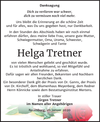 Traueranzeige von Helga Tretner von Wochenspiegel Naumburg/Nebra
