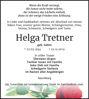 Traueranzeige von Helga Tretner von Wochenspiegel Naumburg/Nebra