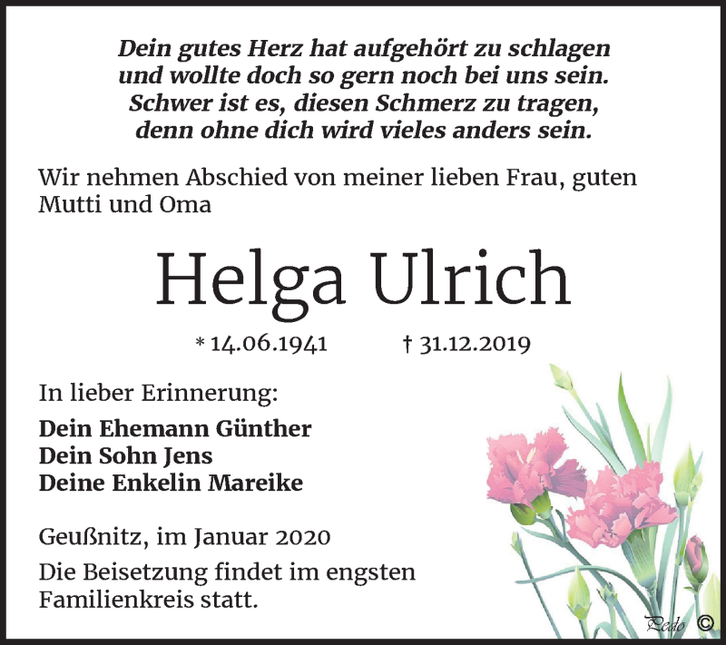  Traueranzeige für Helga Ulrich vom 04.01.2020 aus Super Sonntag Zeitz