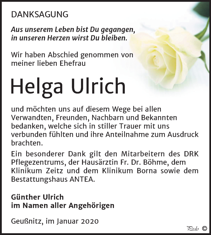  Traueranzeige für Helga Ulrich vom 25.01.2020 aus Mitteldeutsche Zeitung Zeitz