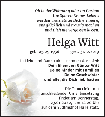 Traueranzeige von Helga Witt von Mitteldeutsche Zeitung Halle/Saalkreis