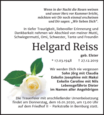 Traueranzeige von Helgard Reiss von Super Sonntag Bernburg