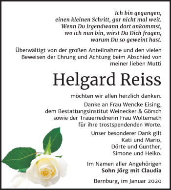 Traueranzeige von Helgard Reiss von Super Sonntag Bernburg