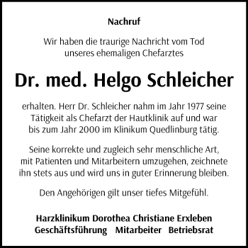 Traueranzeige von Helgo Schleicher von Mitteldeutsche Zeitung Quedlinburg