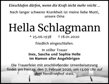 Traueranzeige von Hella Schlagmann von Mitteldeutsche Zeitung Halle/Saalkreis