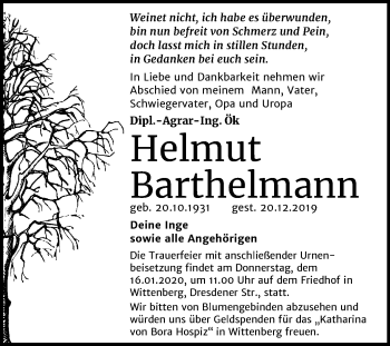 Traueranzeige von Helmut Barthelmann von Mitteldeutsche Zeitung Wittenberg