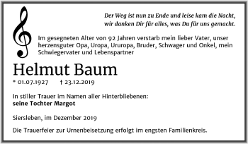 Traueranzeige von Helmut Baum von Wochenspiegel Mansfelder Land