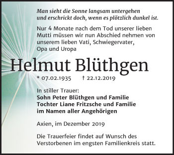 Traueranzeige von Helmut Blüthgen von Mitteldeutsche Zeitung Wittenberg