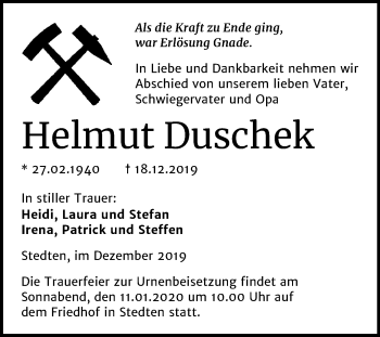 Traueranzeige von Helmut Duschek von Super Sonntag Mansfelder Land
