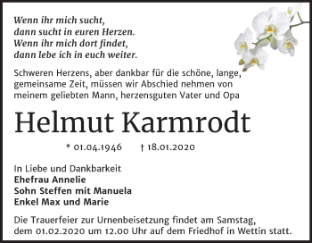 Traueranzeige von Helmut Karmrodt von Mitteldeutsche Zeitung Halle/Saalkreis