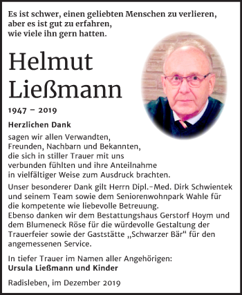 Traueranzeige von Helmut Ließmann von Mitteldeutsche Zeitung Quedlinburg