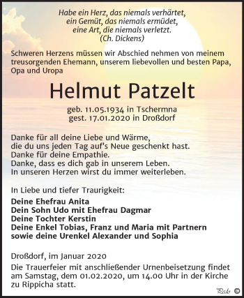 Traueranzeige von Helmut Patzelt von Wochenspiegel Zeitz