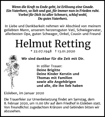 Traueranzeige von Helmut Retting von Wochenspiegel Mansfelder Land