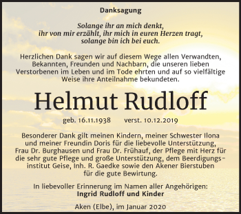 Traueranzeige von Helmut Rudloff von Super Sonntag Köthen