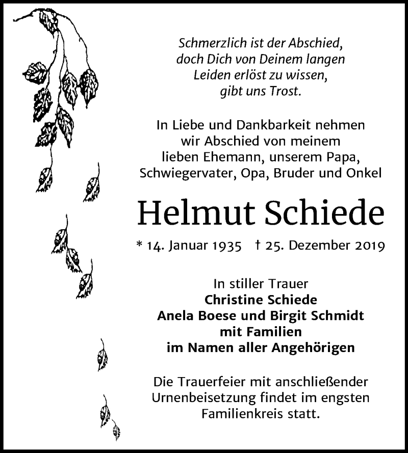  Traueranzeige für Helmut Schiede vom 04.01.2020 aus Mitteldeutsche Zeitung Halle/Saalkreis