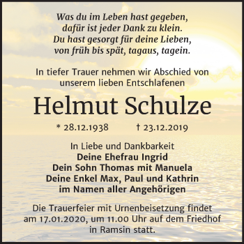 Traueranzeige von Helmut Schulze von Wochenspiegel Bitterfeld