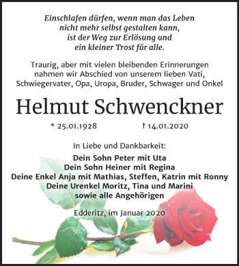 Traueranzeige von Helmut Schwenckner von Super Sonntag Köthen