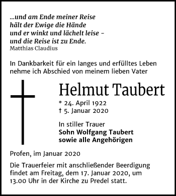Traueranzeige von Helmut Taubert von Super Sonntag Zeitz