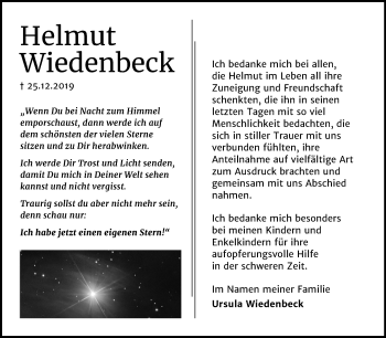 Traueranzeige von Helmut Wiedenbeck von Super Sonntag Quedlinburg