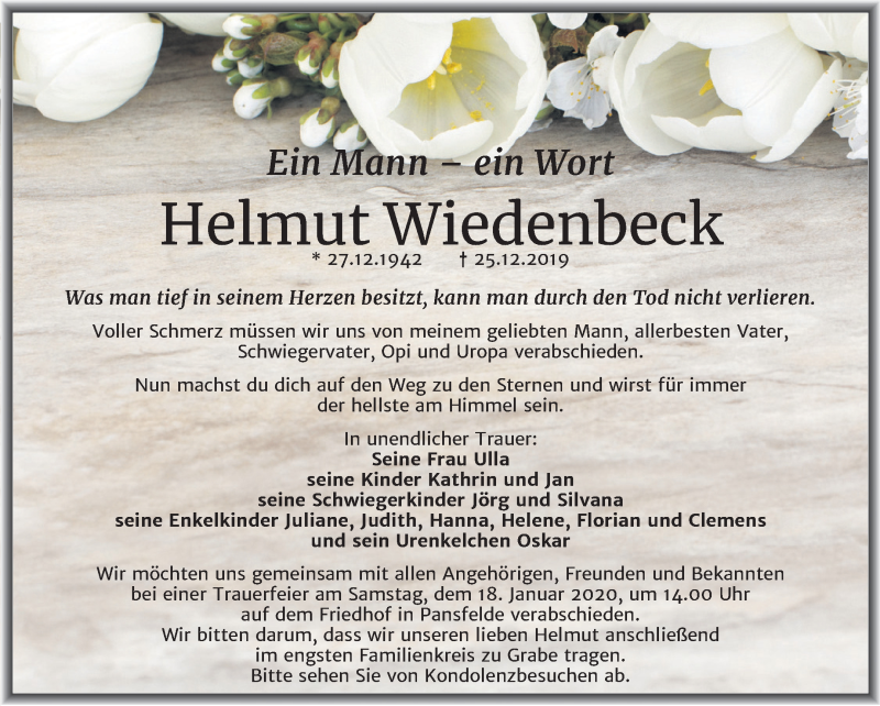  Traueranzeige für Helmut Wiedenbeck vom 04.01.2020 aus Mitteldeutsche Zeitung Quedlinburg