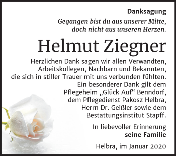 Traueranzeige von Helmut Ziegner von Mitteldeutsche Zeitung Mansfelder Land