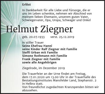 Traueranzeige von Helmut Ziegner von Mitteldeutsche Zeitung Mansfelder Land