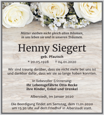 Traueranzeige von Henny Siegert von Mitteldeutsche Zeitung Merseburg/Querfurt