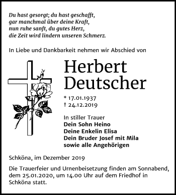 Traueranzeige von Herbert Deutscher von Mitteldeutsche Zeitung Wittenberg