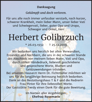 Traueranzeige von Herbert Golibrzuch von Mitteldeutsche Zeitung Weißenfels