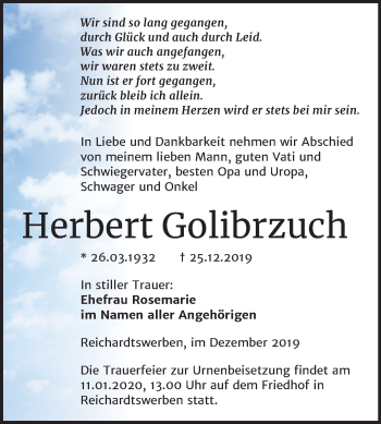 Traueranzeige von Herbert Golibrzuch von Mitteldeutsche Zeitung Weißenfels