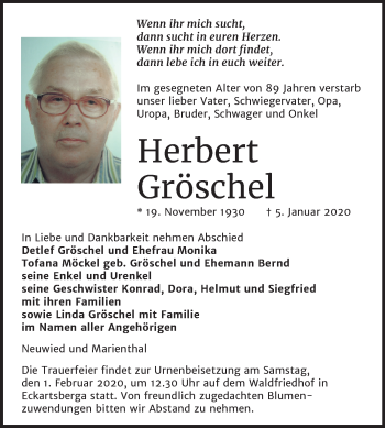 Traueranzeige von Herbert Gröschel von Wochenspiegel Naumburg/Nebra