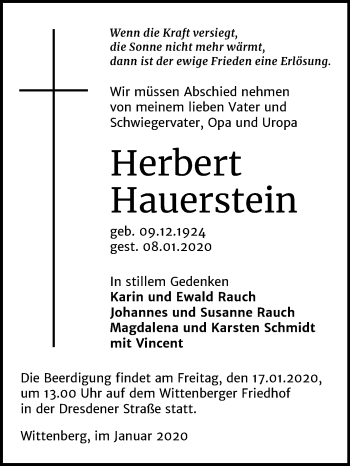 Traueranzeige von Herbert Hauerstein von Super Sonntag Wittenberg