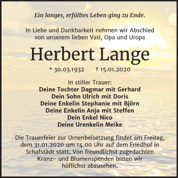 Traueranzeige von Herbert Lange von Mitteldeutsche Zeitung Merseburg/Querfurt